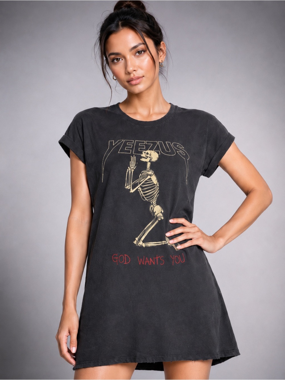 YEEZUS Graphic Skeleton Tee Dress in Charcoal